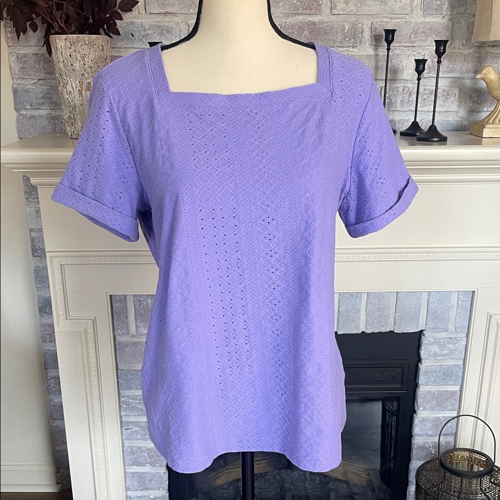 Liz Claiborne Purple Eyelet Blouse Short Cuffed Sleeves Square Neckline Size L